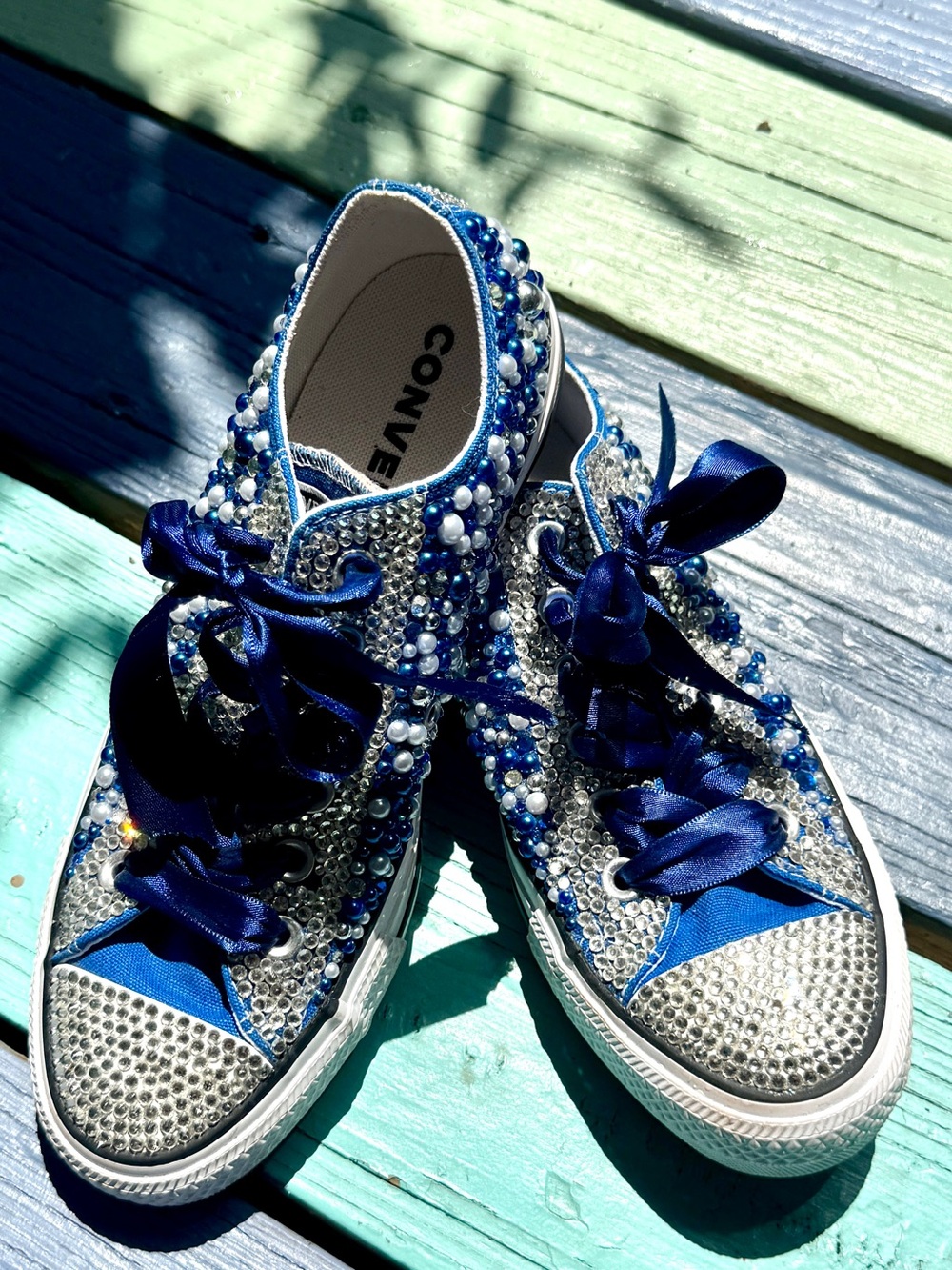 Converse (Dallas Cowboys)Women's Blue crystals & Pearl Low Top Sneakers - Picture 2 of 6